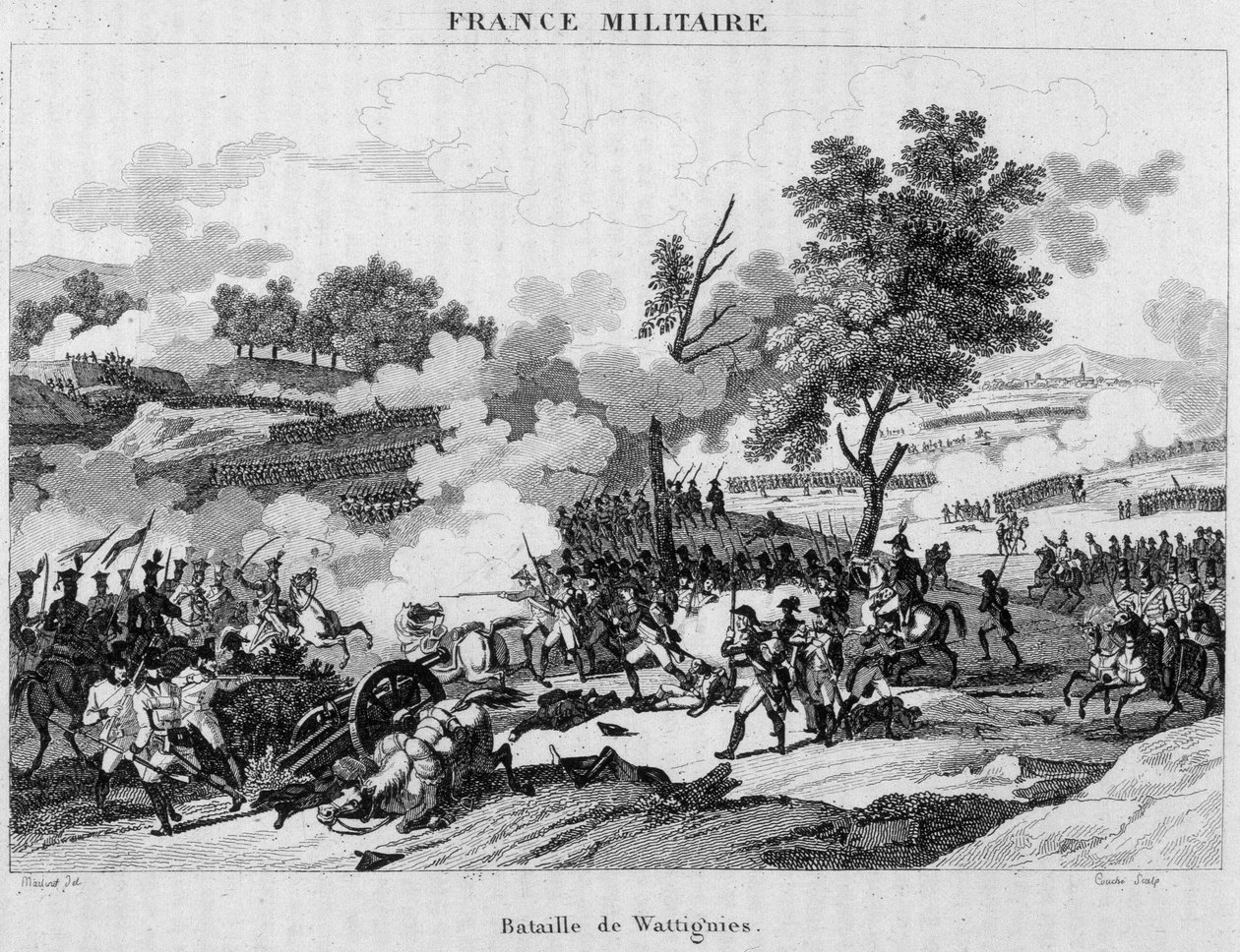 Slaget vid Wattignies: Jourdan och Carnot vann segern för att låsa upp staden Maubeuge som belägrades av österrikarna, oktober 1793. Gravyr från 1800-talet. av Unknown artist
