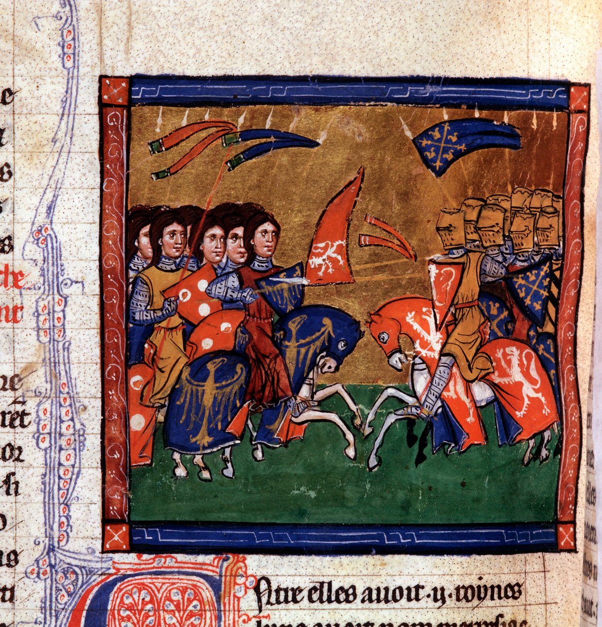 Slaget mellan krigare till häst mot Amazons miniatyr från manuskriptet "" Ancient History to Cesar"", av Saint John of Acre av Unknown artist