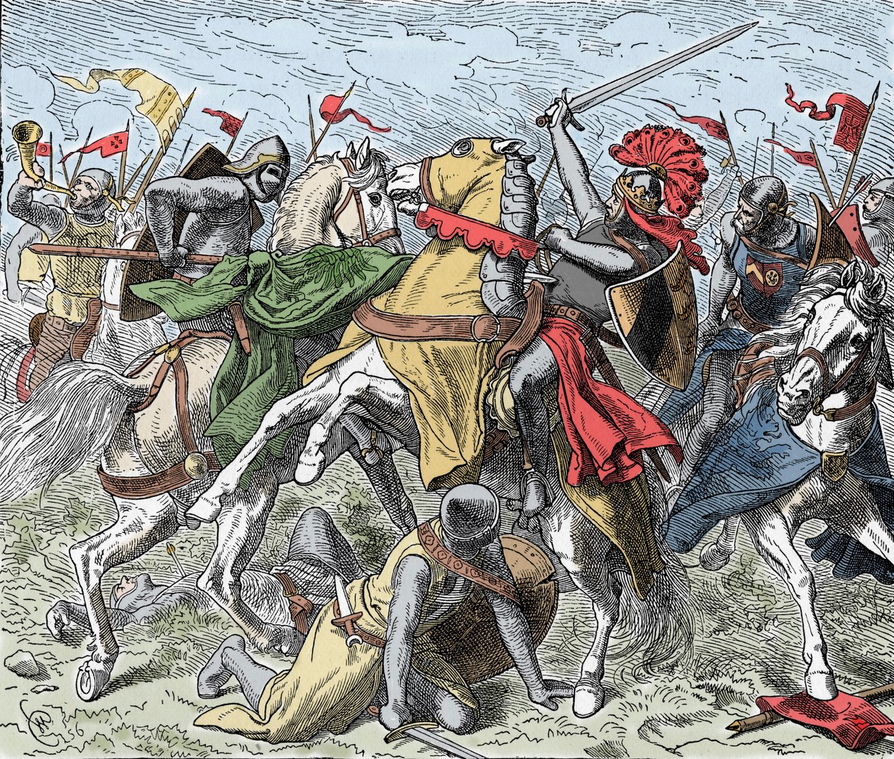 Battle on the Elster: Rudolf of Swabia Mortally Wounded - Revolt of the Saxons (1073-1075): Rodolph of Rheinfelden (ca 1025-1080), hertig av Schwaben och antiking av romarna sårades dödligt i ett slag nära Elster, mot Henrik IV:s trupper av Unknown artist