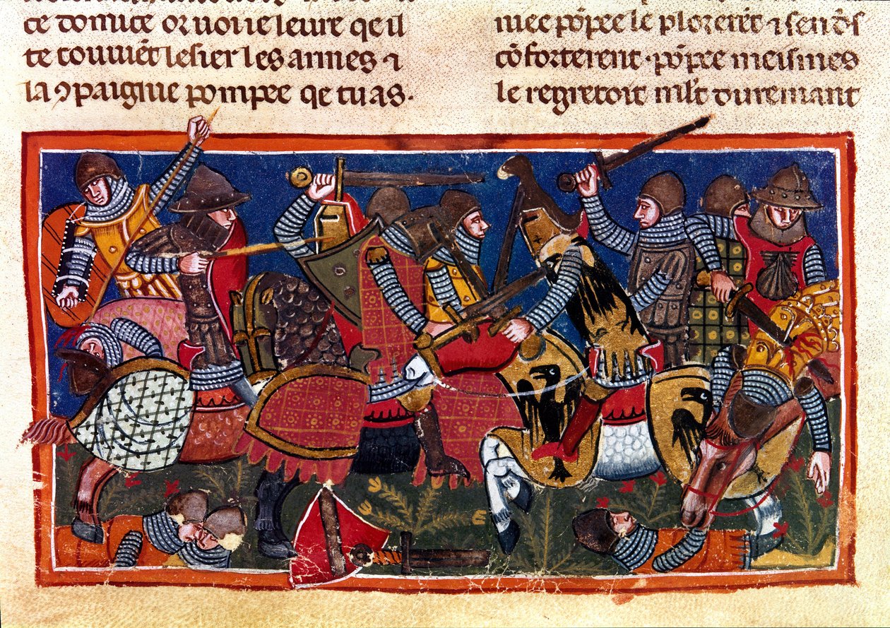 Stridsscen Miniatyr från en fransk kodex på pergament "Fakta om romarna"" som berättar om den antika historien fram till Jules Cesar (101 f.Kr.-44 f.Kr.). 1200-talets Venedig, biblioteca Marciana av Unknown artist