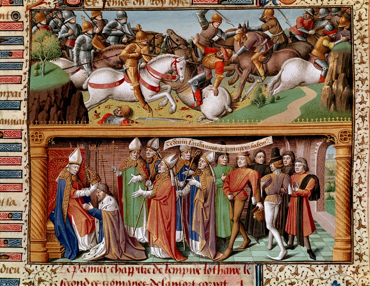Stridsscen och kröning av kejsar Lothary II av Supplinburg (eller Lothary III av det heliga riket, kejsare av det heliga romerska riket) (1075-1137) Miniatyr i "" Le miroir historial"" (Speculum Historiale) (ms. 1196 fol. 245 r.) av Vincent de Beauvais (11 av Unknown artist