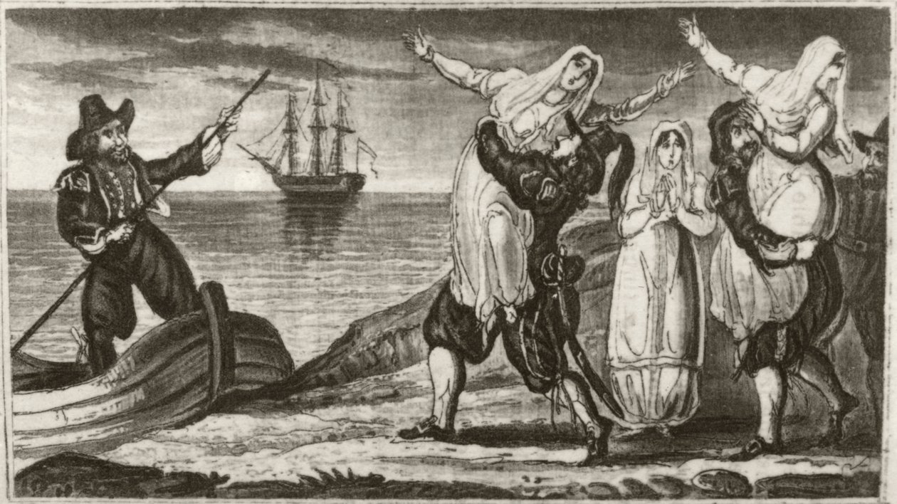 "Näbbar den holländska piraten och hans besättning som tvångsbär bort nunnor från ett spanskt kloster" av Unknown artist