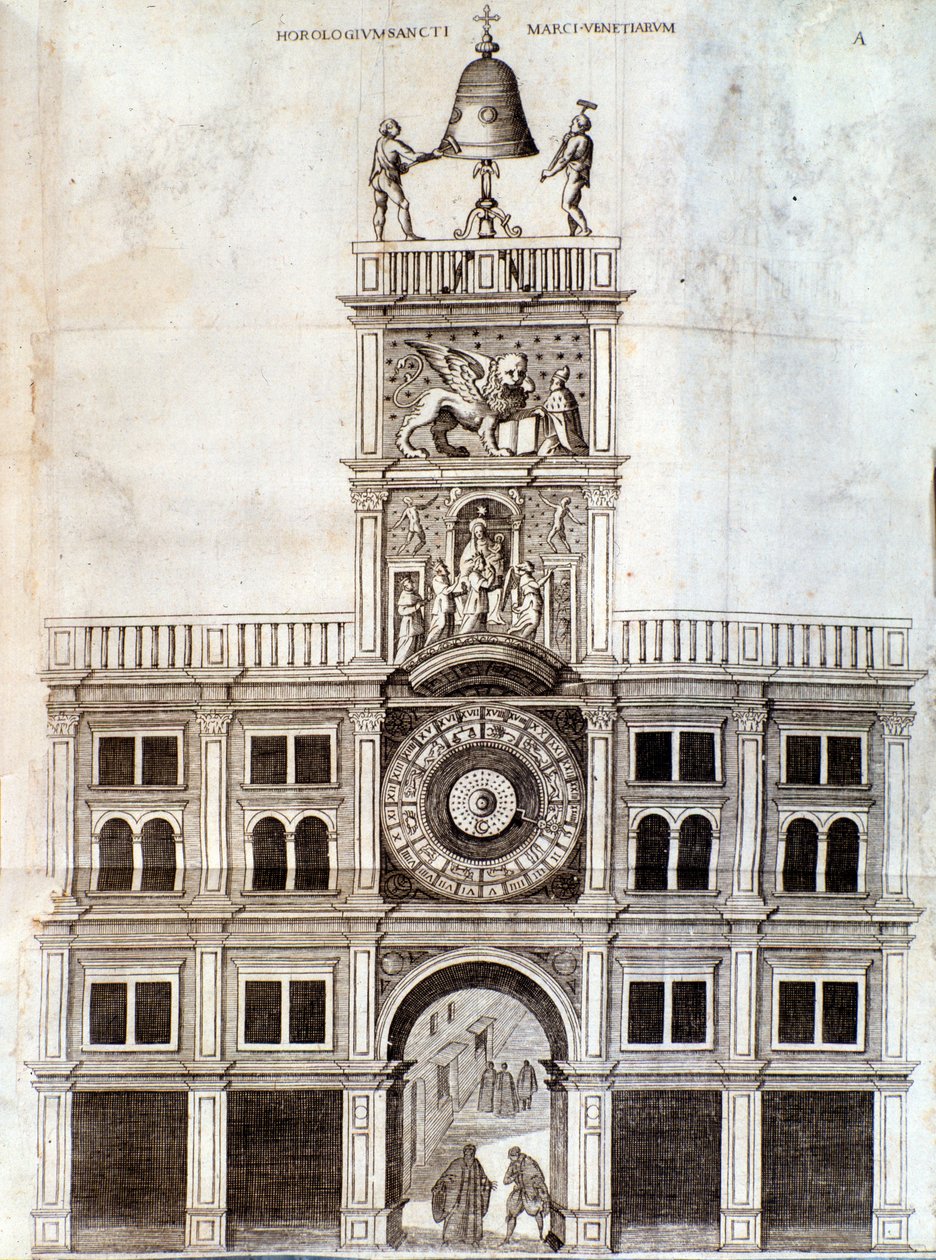 Klocktorn i San Marco-kyrkan i Venedig. Sida från De campanis av Rocca av Unknown artist