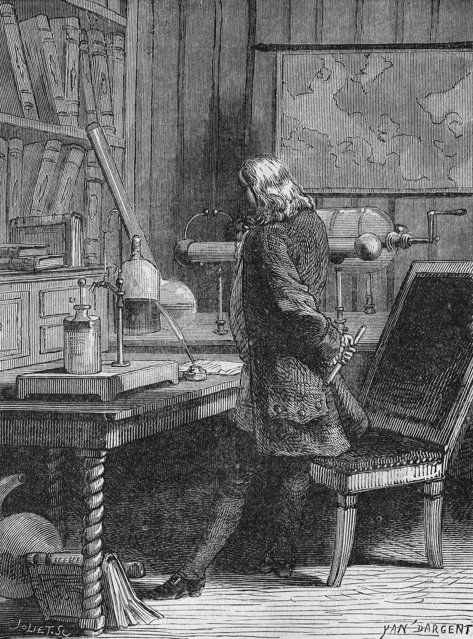 Benjamin Franklin i sitt fysiklabb i Philadelphia. I "Album of Science", Editions Jouvet av Unknown artist