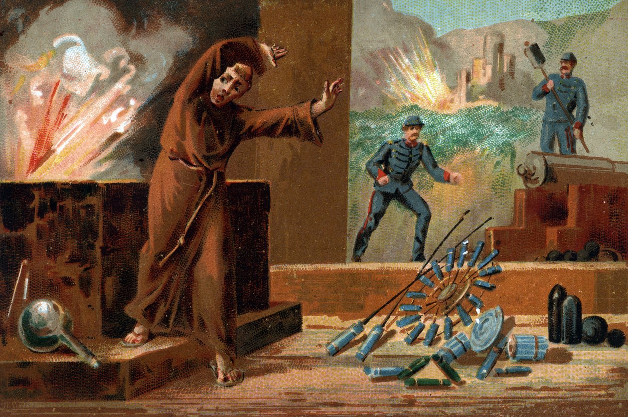 Berthold Schwartz (cirka 1318-cirka 1384), tysk kemist, krutuppfinnare och franciskanermunk. Kromolitografi av 1800-talet av Unknown artist