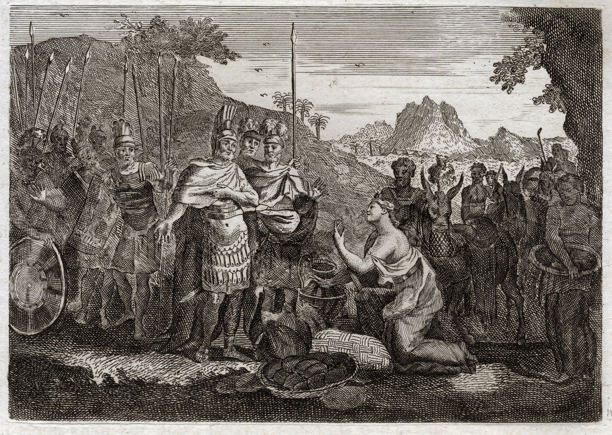 Bible of Royaumont, Gamla testamentet: Abigail. Abigail, Nabals hustru, lugnar Davids vrede med sin vishet. Illustration från 1811. av Unknown artist