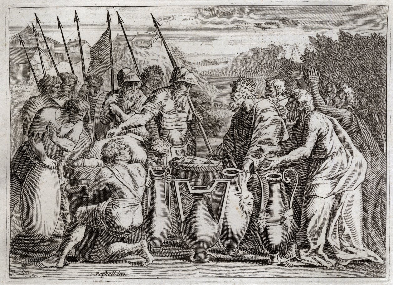 Bibeln från Royaumont, Gamla testamentet: Abraham befriar Lot. Abraham räddar sin brorson Loth ur fiendens händer. Översteprästen Melkisedek (Melkisedek eller Melkisedek eller Melkisedek eller Melkisedek eller Melkisedek) benit. Kungen av Sodom erbjöd hono av Unknown artist