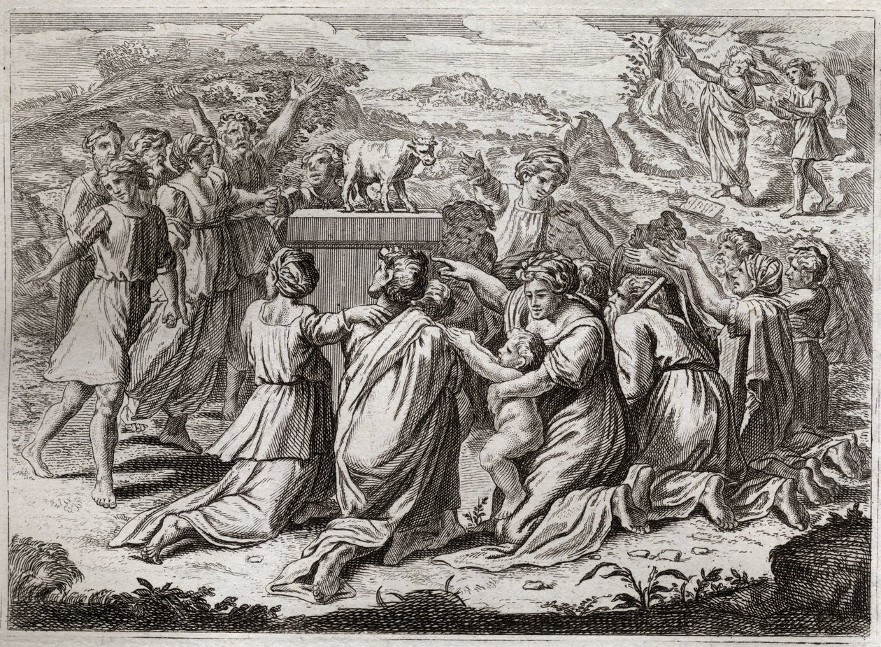 Bibeln från Royaumont, Gamla testamentet: Tillbedjan av den gyllene kalven. När Moses ser hebréerna och guldkalven bryter han mot lagens tabeller. Illustration från 1811. av Unknown artist