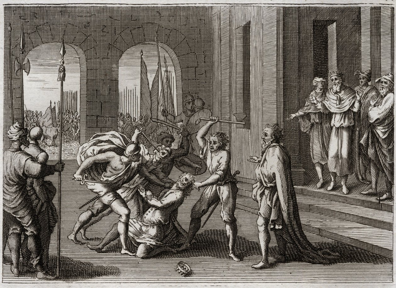 Bibeln från Royaumont, Gamla testamentet: Agag räddar. Saul räddade, mot Guds befallning, Agag, kung av amalekiterna. Gud får honom att vittna om sin vrede av Samuel, som reparerade Sauls fel genom att döda Agag. Illustration från 1811. av Unknown artist