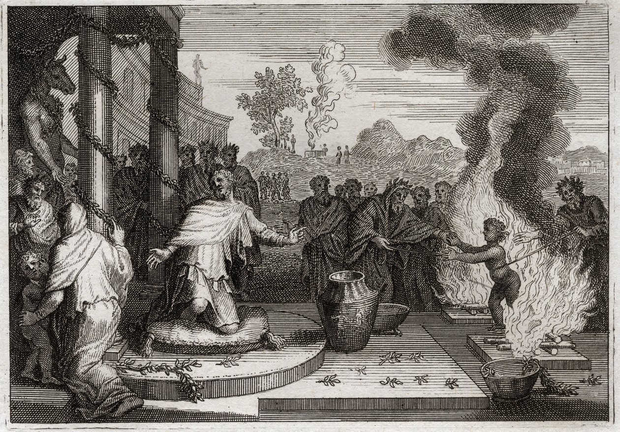 Bible of Royaumont, Gamla testamentet: Ahaz Unholy King. Den ogudaktige Ahas, Juda kung, irriterar Gud och överlämnas till fienderna. Illustration från 1811. av Unknown artist