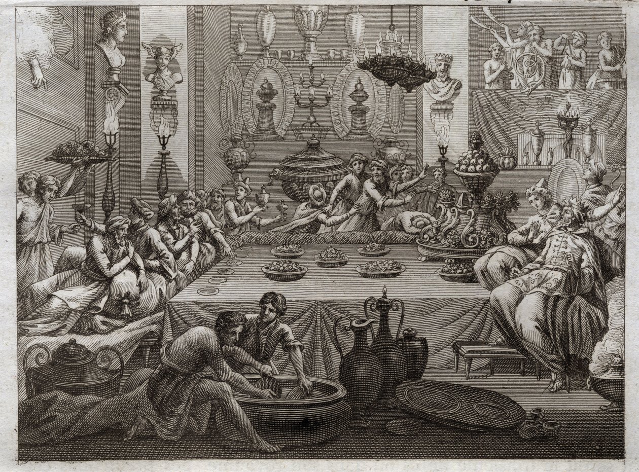 Bibeln från Royaumont, Gamla testamentet: Balthazar fördömer. Kung Balthazar (Belshatsar) vid bordet ser en hand som med tre ord skriver slutet på sin mening. Illustration från 1811. av Unknown artist
