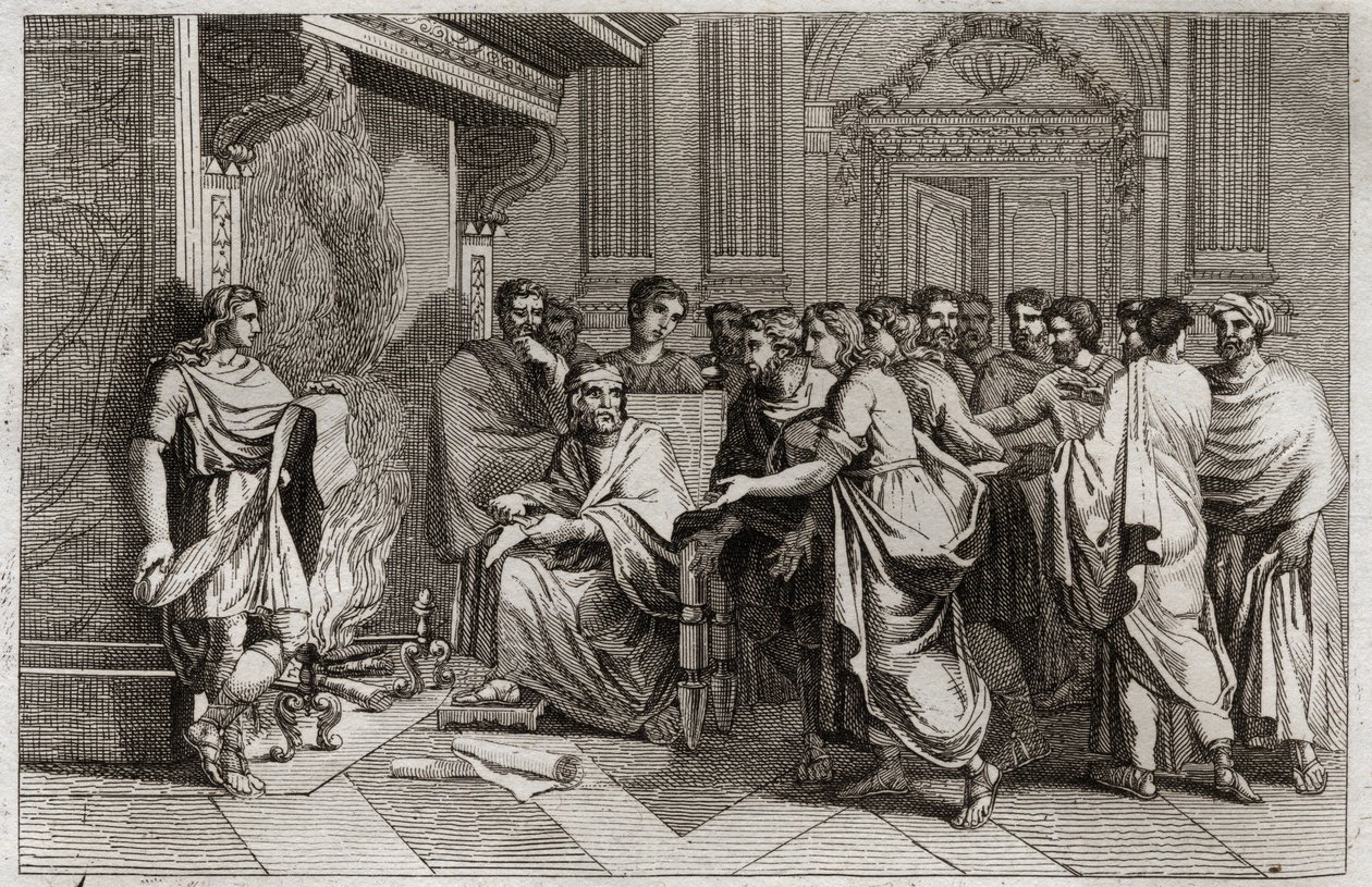 Bibeln från Royaumont, Gamla testamentet: Baruch profet. Kung Joachim (Joakim, Joachin, Jechonias) skär bokrullen som innehåller Jeremias profetier transkriberade av hans lärjunge Baruch (Baruch ben Neria) och kastar den i en eld. Illustration från 1811. av Unknown artist