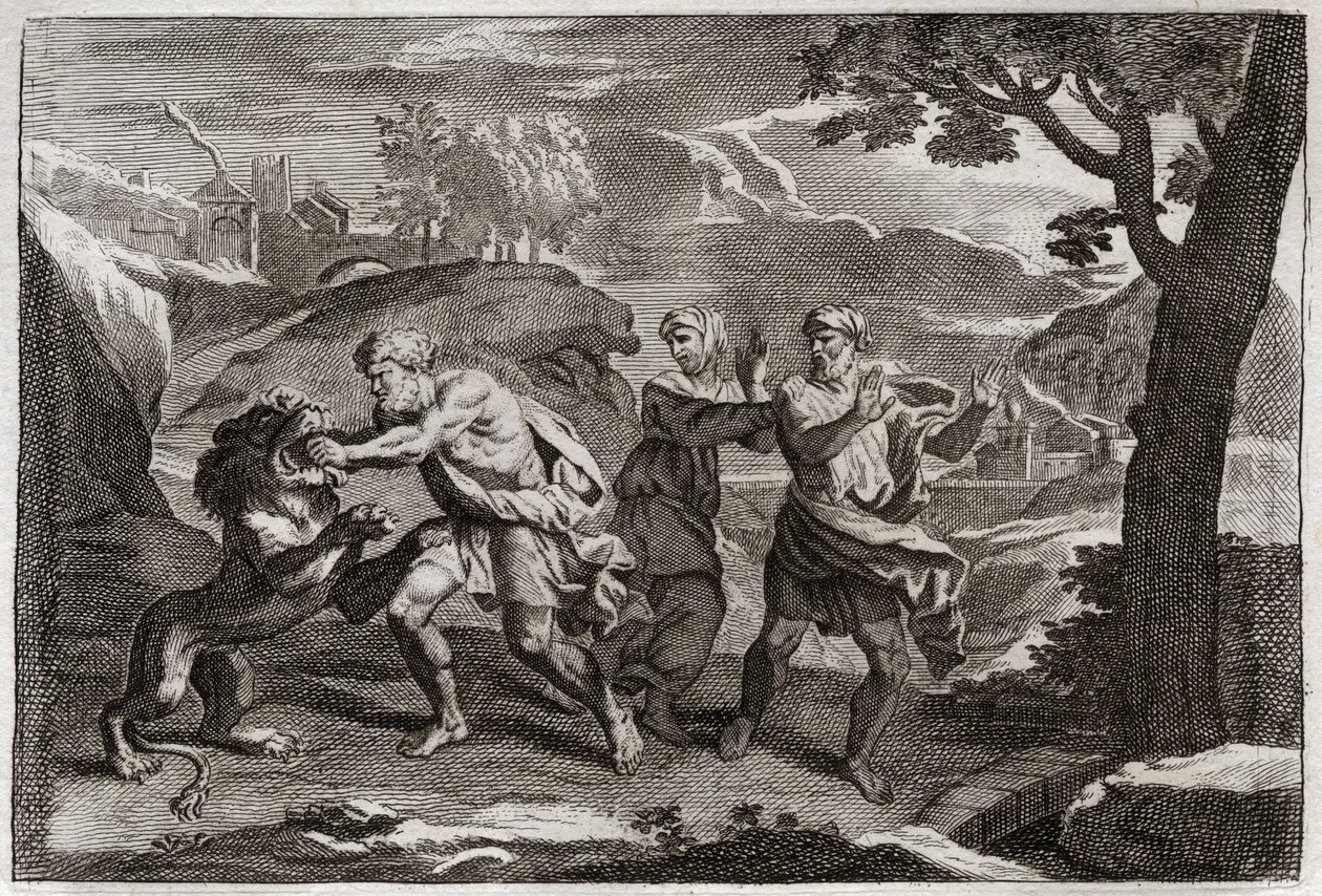 Bibeln från Royaumont, Gamla testamentet: Simsons födelse. Simson river ett lejon i bitar. Illustration från 1811. av Unknown artist