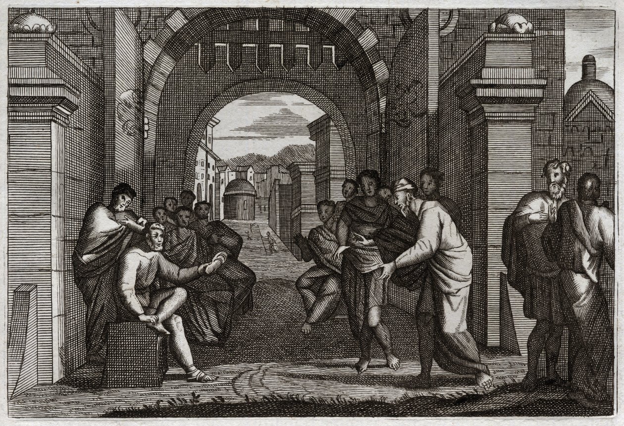 Bibeln från Royaumont, Gamla testamentet: Boas (Booz), nära släkting till Rut, hustru enligt lagens förordning. Illustration från 1811. av Unknown artist