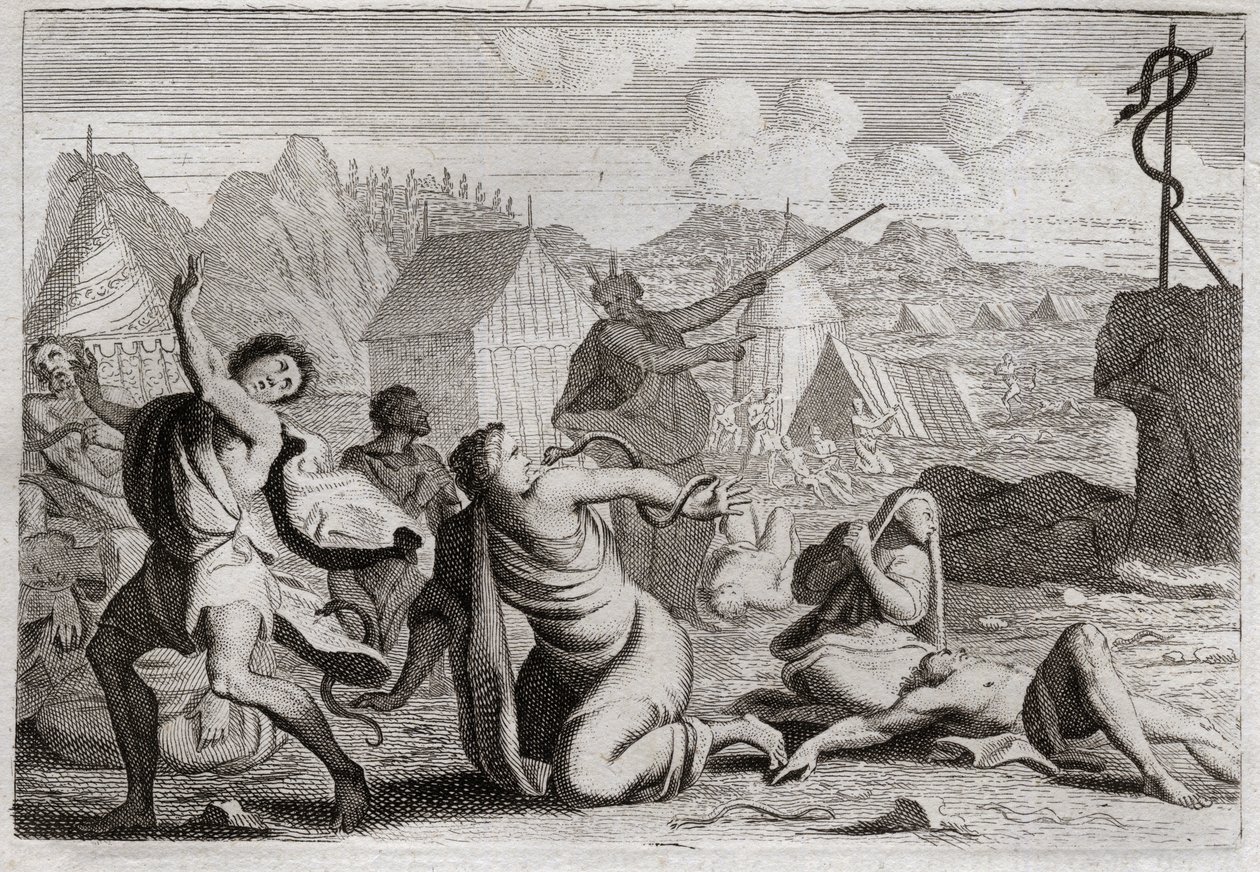 Bible of Royaumont, Gamla testamentet: Brasen Snake. Folket som muttrar mot Gud och mot Mose, straffas med eldormar; från vilken de sårades av en orm av koppar, som Mose hade uppväckt för att bli sedd från hela folket. Illustration av Unknown artist