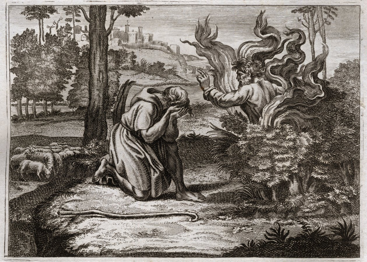Bible of Royaumont, Gamla testamentet: Burning Bush. Gud talar till Mose mitt i en brinnande buske. Illustration från 1811. av Unknown artist