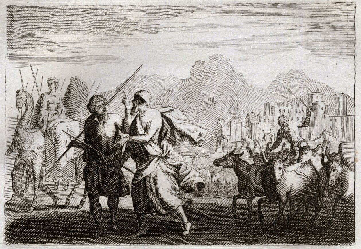 Bibeln från Royaumont, Gamla testamentet: Abrahams kallelse. Gud kallar Abraham och befaller honom att lämna kaldéernas land för att komma till ett land som han lovade att ge honom. Illustration från 1811. av Unknown artist