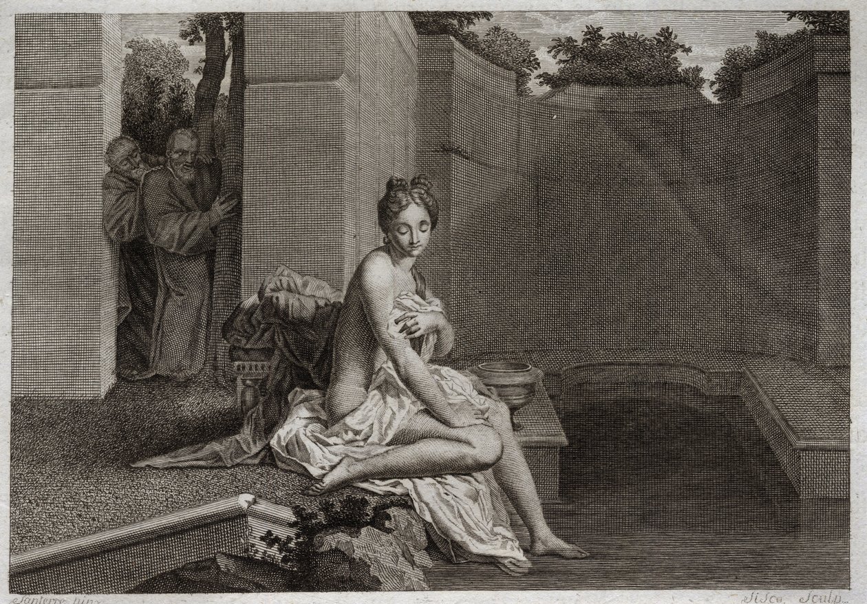 Bibeln från Royaumont, Gamla testamentet: Kusk från Suzanne. Två äldste, Judges of the People, fläckar för att korrumpera Chastete Suzanne, medan hon var ensam i sin trädgård och tog ett bad. Illustration från 1811. av Unknown artist