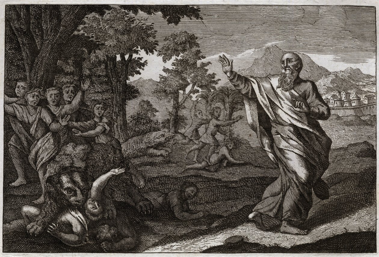Bibeln från Royaumont, Gamla testamentet: Barn äter björnar. Barn som gör narr av Elishas skallighet slits av björnar. Illustration från 1811. av Unknown artist