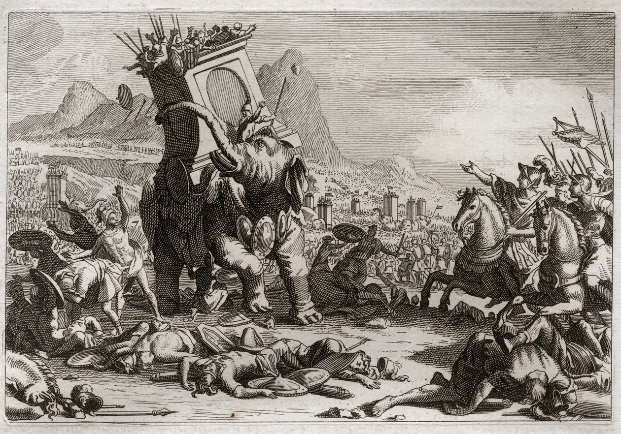 Bibeln från Royaumont, Gamla testamentet: Eleazars mod. Seleucidkungen Antiochos V Eupator, son till den ohelige Antiochos IV Epifane (175-164 f.Kr.), kämpade efter sin fars död mot Judas Machabee (Maccabee, Macabee). Extraordinär handling av Ele av Unknown artist