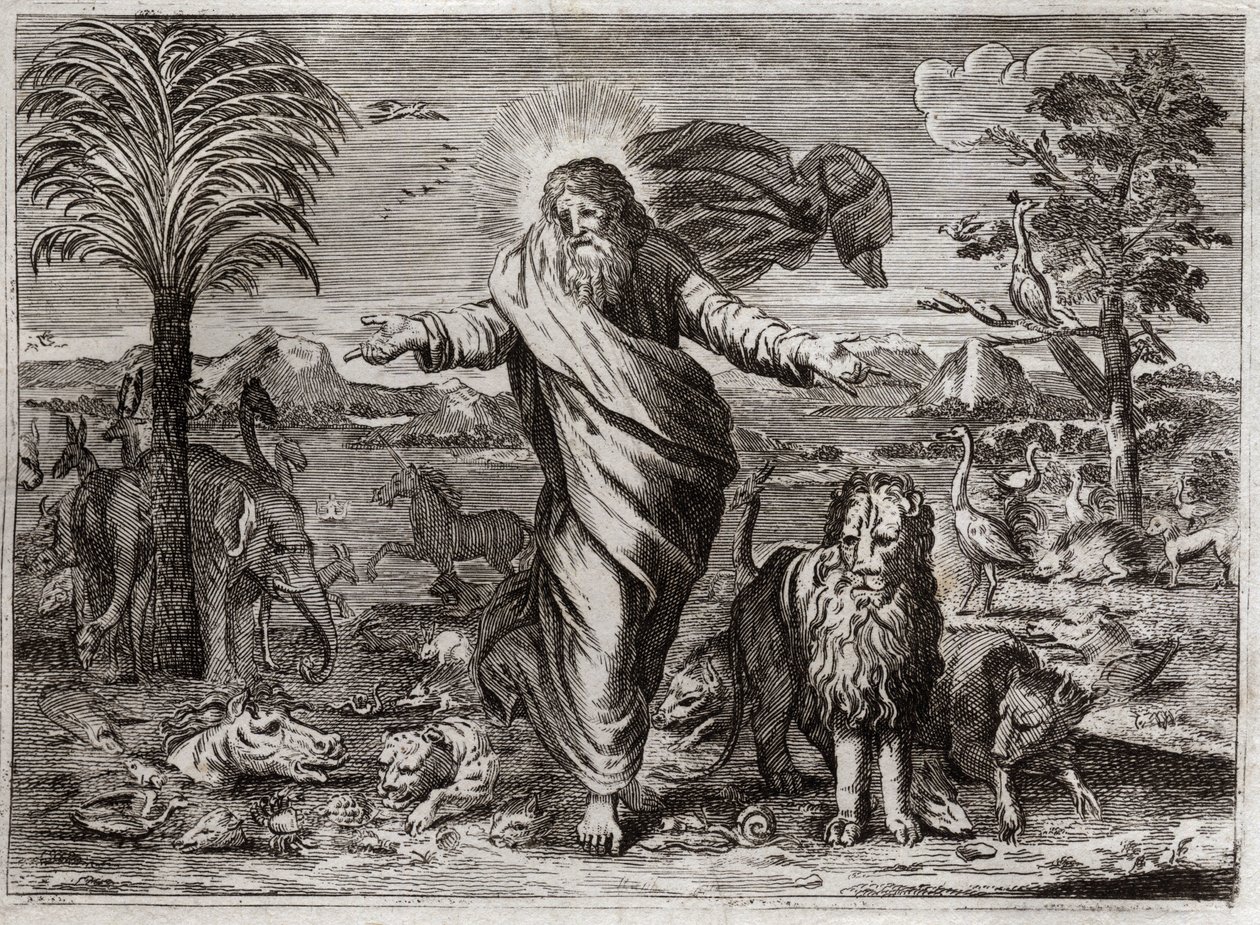 Bibeln från Royaumont, Gamla testamentet: Världens skapelse. Gud drar himlen och jorden från ingenstans och pryder den på sex dagar och människorna av alla slags varelser. Illustration från 1811. av Unknown artist