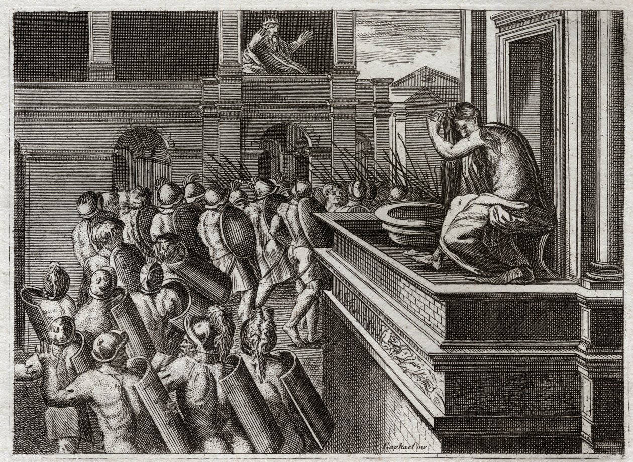 Bible of Royaumont, Gamla testamentet: Davids eller Betsabees brott i badet. David såg Betsabee på långt håll, hetiten Urias (eller hetiten Urias) hustru bada, och instämde i en dålig önskan om henne och dödade sedan hennes man Uria. Illustration från av Unknown artist