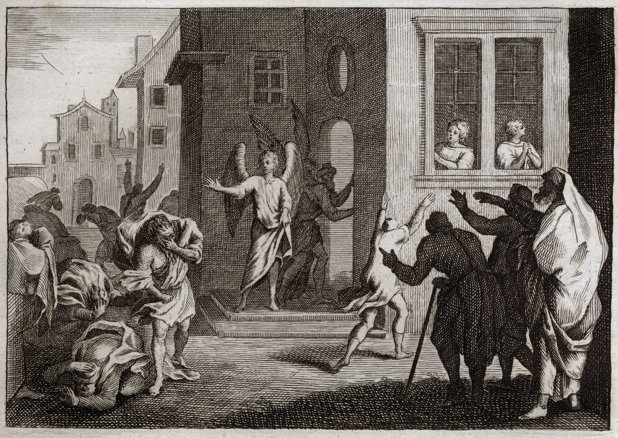 Bibeln från Royaumont, Gamla testamentet: Sodomiternas brott. Loth tar emot änglar i sitt hus. Sodomiterna (Sodom) vill utsätta dem för våld. Änglarna slår dem blint. Illustration från 1811. av Unknown artist