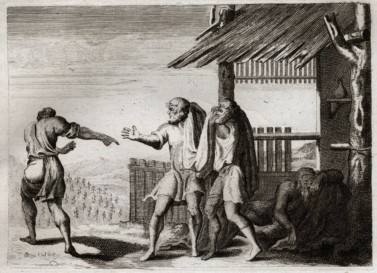 Bibeln från Royaumont, Gamla testamentet: Förbannad Cham av sin far (Noe fylleri). Cham, den andra av Noes barn, ser sin far i en oanständig hållning, bryr sig inte och är förbannad på honom. Illustration från 1811. av Unknown artist