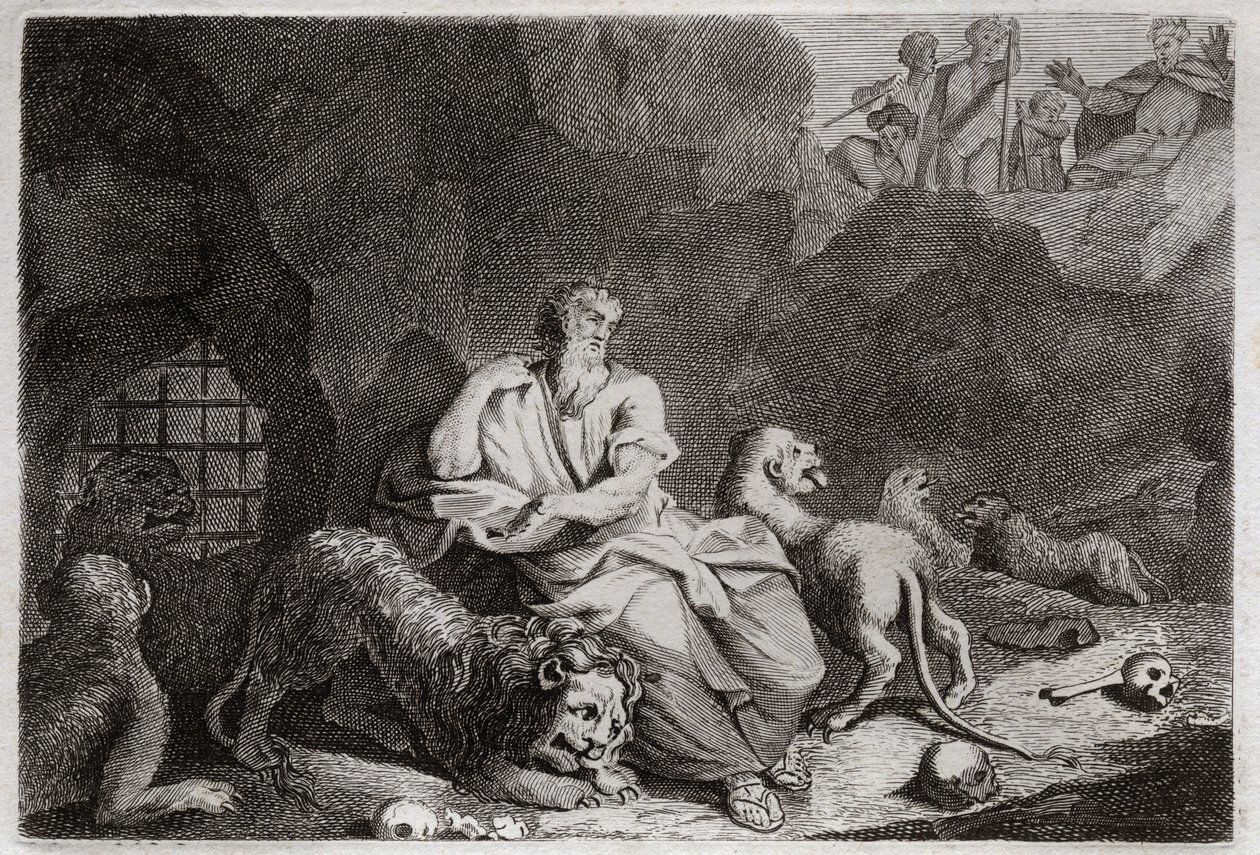 Bibeln från Royaumont, Gamla testamentet: Daniel i lejongraven. Daniel hamnar i Lions gropen och är mirakulöst berusad. Illustration från 1811. av Unknown artist