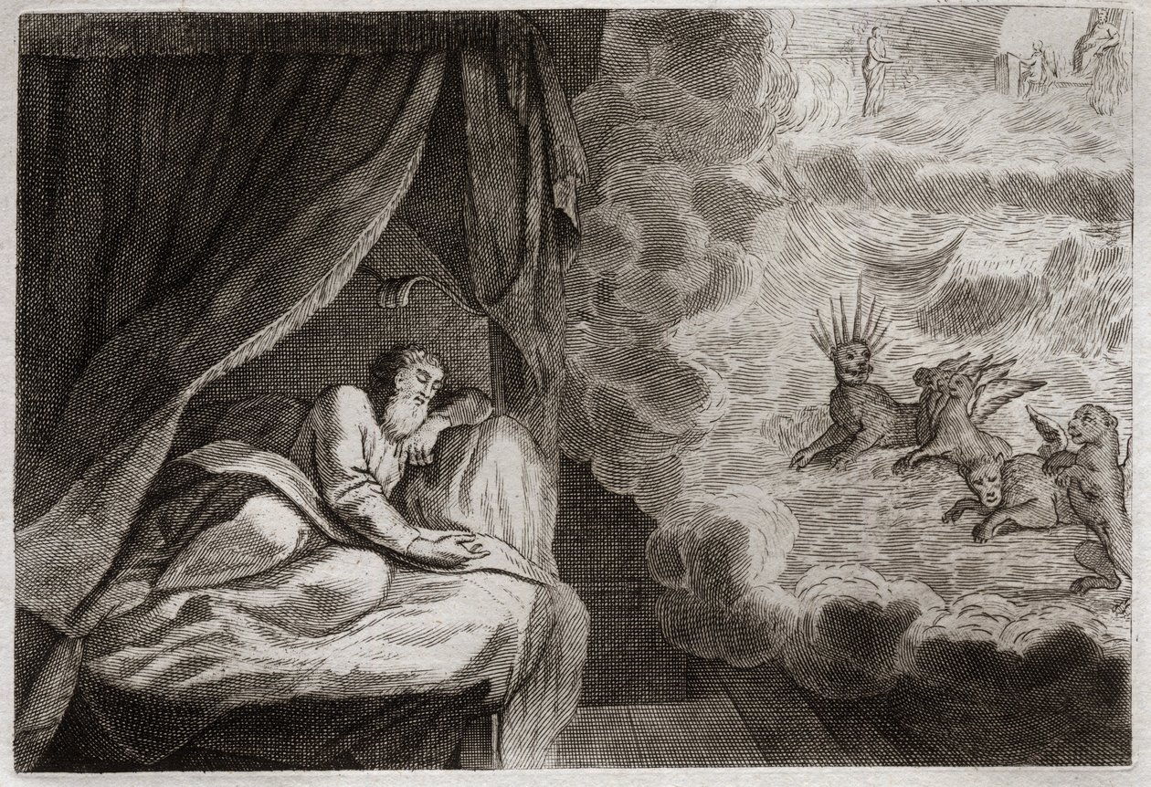 Bible of Royaumont, Gamla testamentet: Daniels vision av de fyra monarkierna assyrier, perser, greker och romare. De ser fyra monster: Haniel, Kafziel, Azriel, Aniel. Illustration från 1811. av Unknown artist
