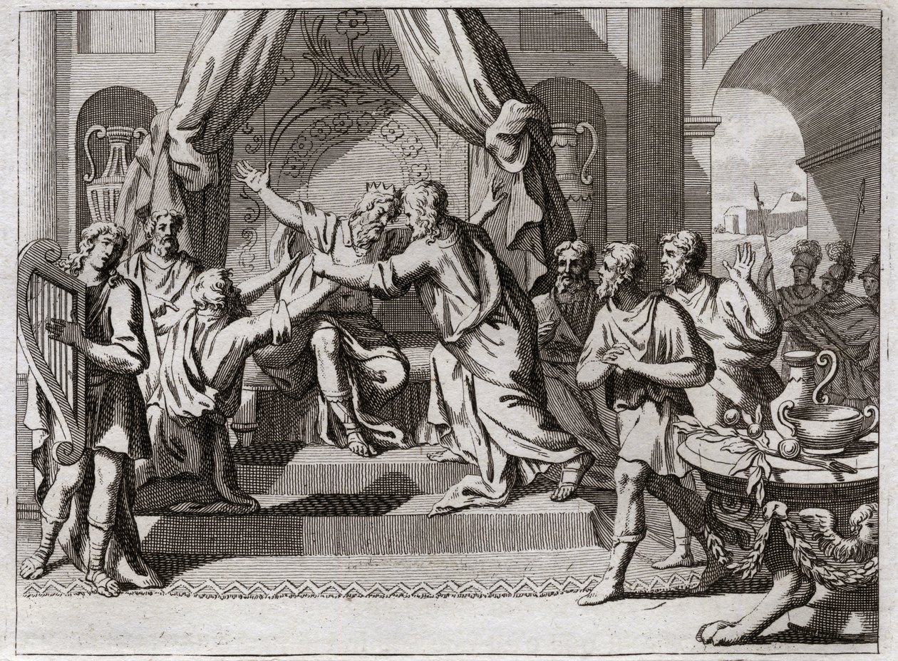 Bible of Royaumont, Gamla testamentet: David spelar harpa. Saul blir avvisad från Gud och grips av den onde anden. Vi letar efter en man som vet hur man spelar harpa, för att befria honom i hans ondska. Illustration från 1811. av Unknown artist