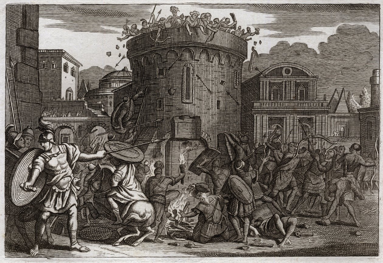 Bibeln från Royaumont, Gamla testamentet: Abimeleks död. Abimelek (Abimelec eller Ahimelek eller Ahimelek) dödas av en kvinna som slår ner honom med en sten vid belägringen av Tebetz. Illustration från 1811. av Unknown artist