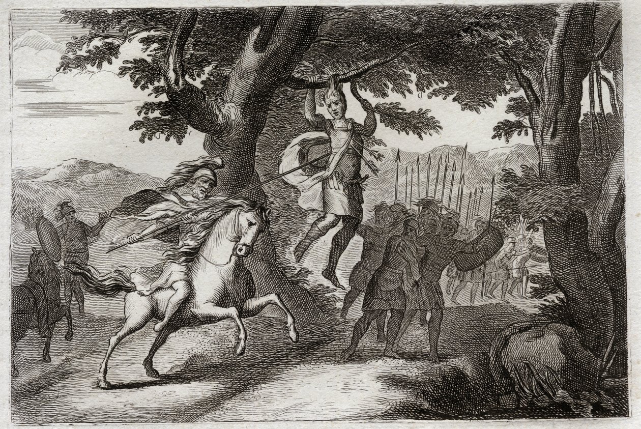Bibeln från Royaumont, Gamla testamentet: Absaloms död. Absalom (eller Avshalom, Absalom) flyr från striden fångas av håret har en ek, eller Joab genomborrar honom hjärtat av tre darters. Illustration från 1811. av Unknown artist
