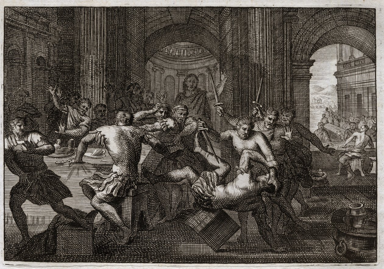 Bibeln från Royaumont, Gamla testamentet: Amnons död. När Absalom (eller Avshalom, Absalon) försonas med David får hans bror Amnon (Ammon) att fly till en fest. David tvingas fly från Jerusalem och utsätts för denna förföljelse med ett fantastiskt tålamod. av Unknown artist