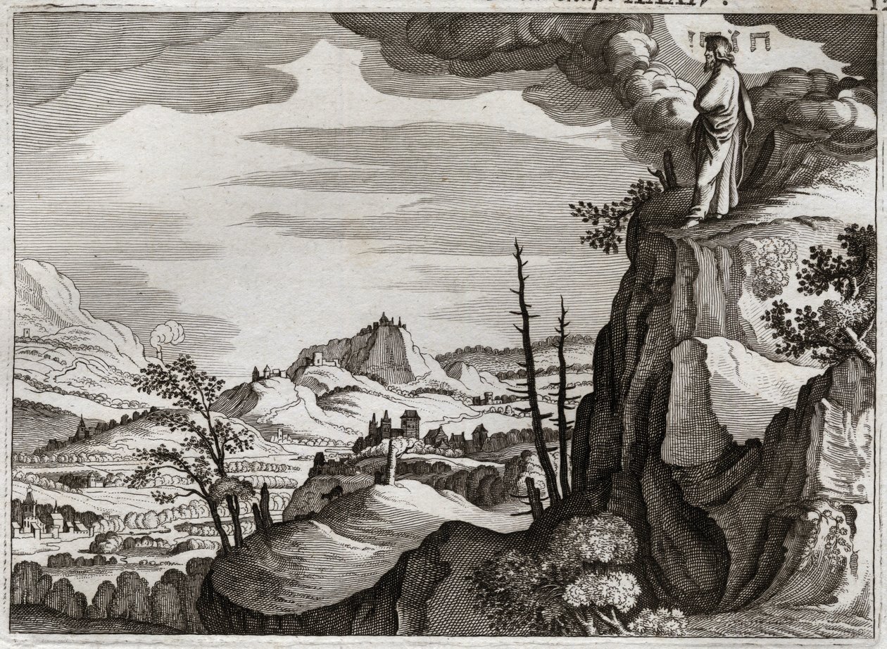 Bibeln från Royaumont, Gamla testamentet: Moses död. Gud visar Mose landet Kanaans land från toppen av berget Nebo, där han dör, utan att veta var hans kropp var. Illustration från 1811. av Unknown artist
