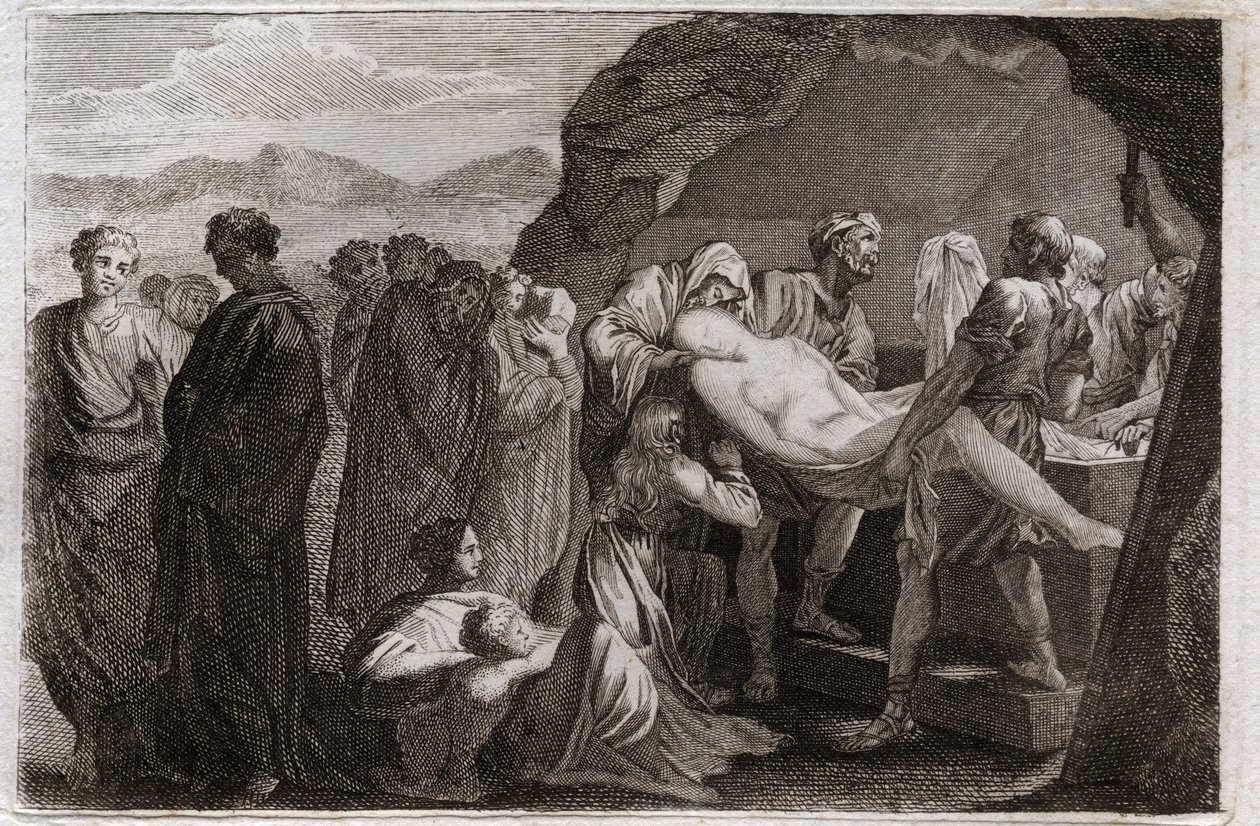 Bible of Royaumont, Gamla testamentet: Saras död. Sara (Sarah) dör. Abraham för att begrava honom köpte en grav från staden Get. Illustration från 1811. av Unknown artist