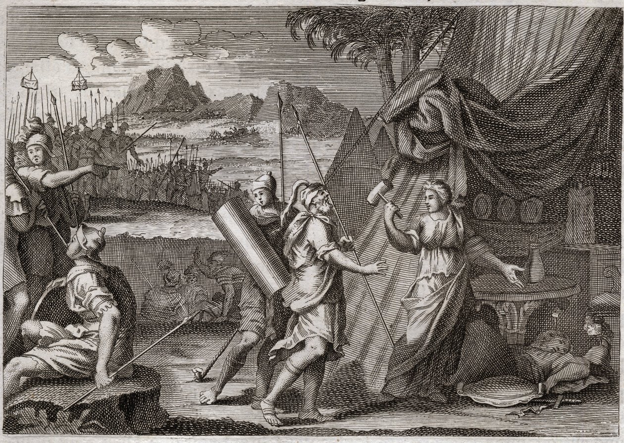 Bibeln från Royaumont, Gamla testamentet: Sisaras död. Yael (Jael) dödar chefen för den kananiska armén Sisra (Sisera eller Sisara). Illustration från 1811. av Unknown artist