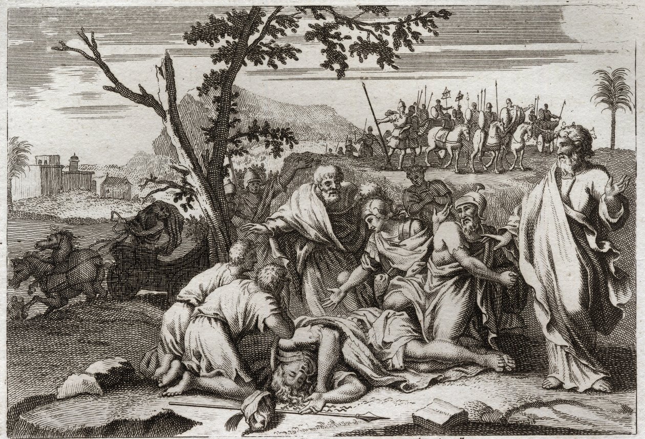 Bibeln från Royaumont, Gamla testamentet: Den onde Antiochos död. Den skrämmande döden av kung Antiochus IV Epifane (175-164 f.Kr.) efter ett hästfall. Illustration från 1811. av Unknown artist