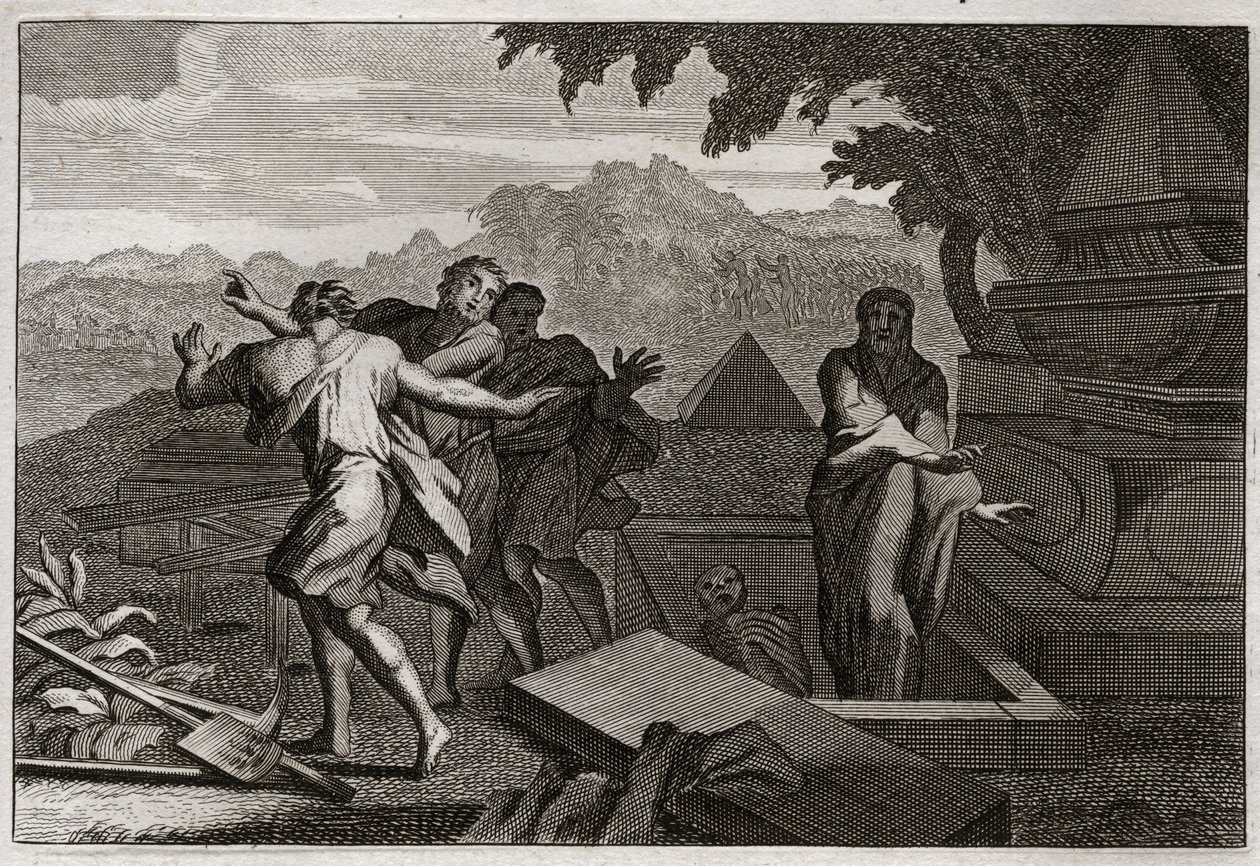 Bible of Royaumont, Gamla testamentet: Döden stiger. En död man släpptes av en slump vid Elisees grav, och han återuppstod genom att röra vid hans ben. Illustration från 1811. av Unknown artist