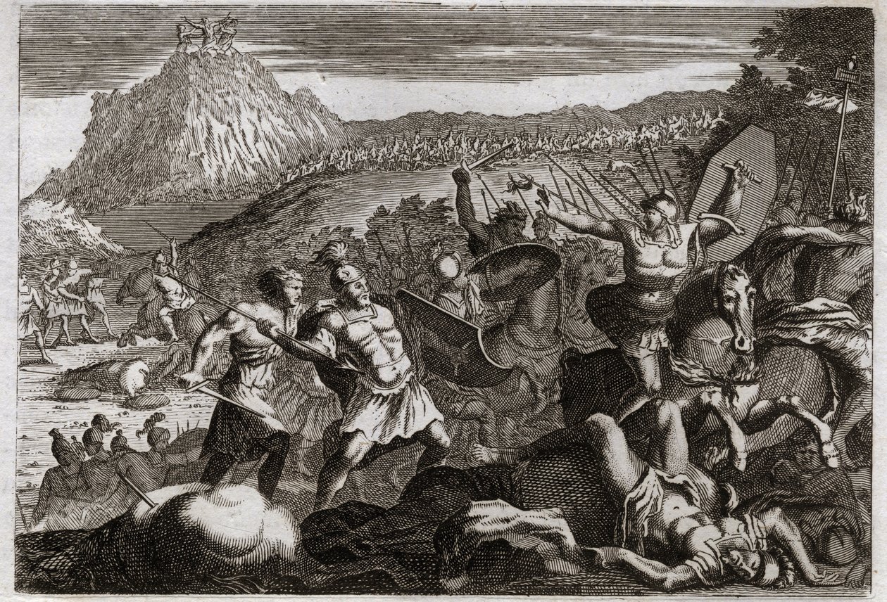 Bibeln från Royaumont, Gamla testamentet: Amaleks nederlag (Amalek). Mose vann seger över amalekiterna och höll sina händer högt i himlen. Illustration från 1811. av Unknown artist