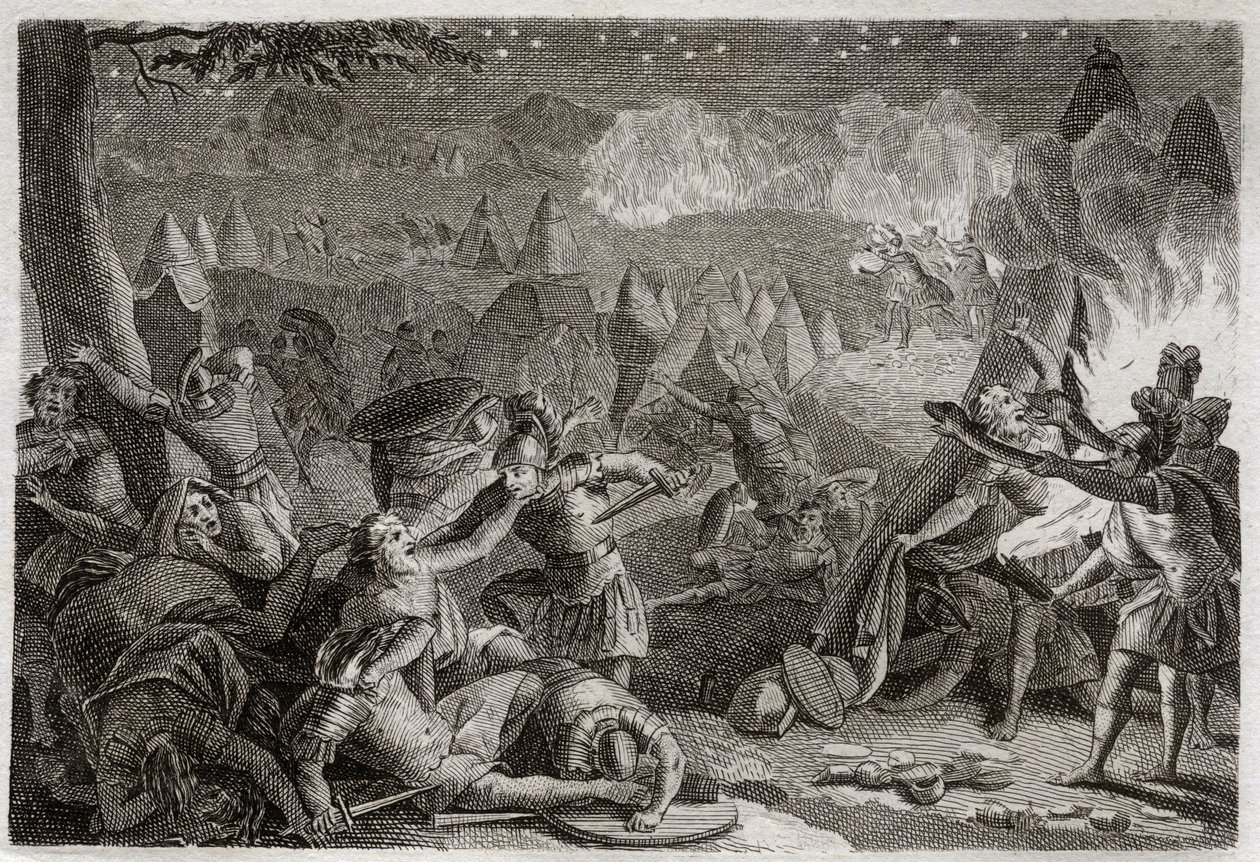 Bibeln från Royaumont, Gamla testamentet: Midjaniternas nederlag genom ljudet av trumpeterna och av lampornas ljus. Illustration från 1811. av Unknown artist