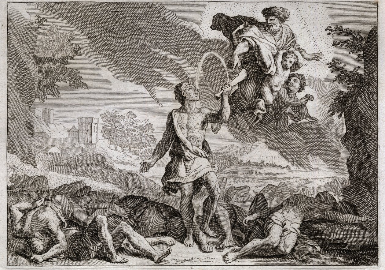 Bibeln från Royaumont, Gamla testamentet: Filistéernas nederlag. Simson dödar tusen filistéer med en åsnas käke. Gud får vatten att rinna ur käken så att Simson kan släcka sin törst. Illustration från 1811. av Unknown artist