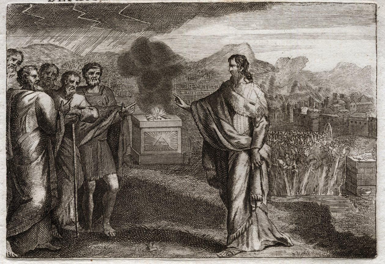 Bibeln från Royaumont, Gamla testamentet: Filistéernas nederlag. Samuel erbjuder en förintelse åt Gud. Sedan försvarar judarna filistéerna. Illustration från 1811. av Unknown artist