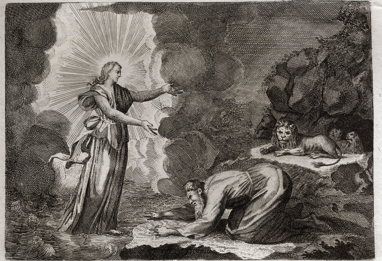 Bibeln från Royaumont, Gamla testamentet: Daniels befrielse. Daniel, i lejonhålan, är mirakulöst berusad. Illustration från 1811. av Unknown artist