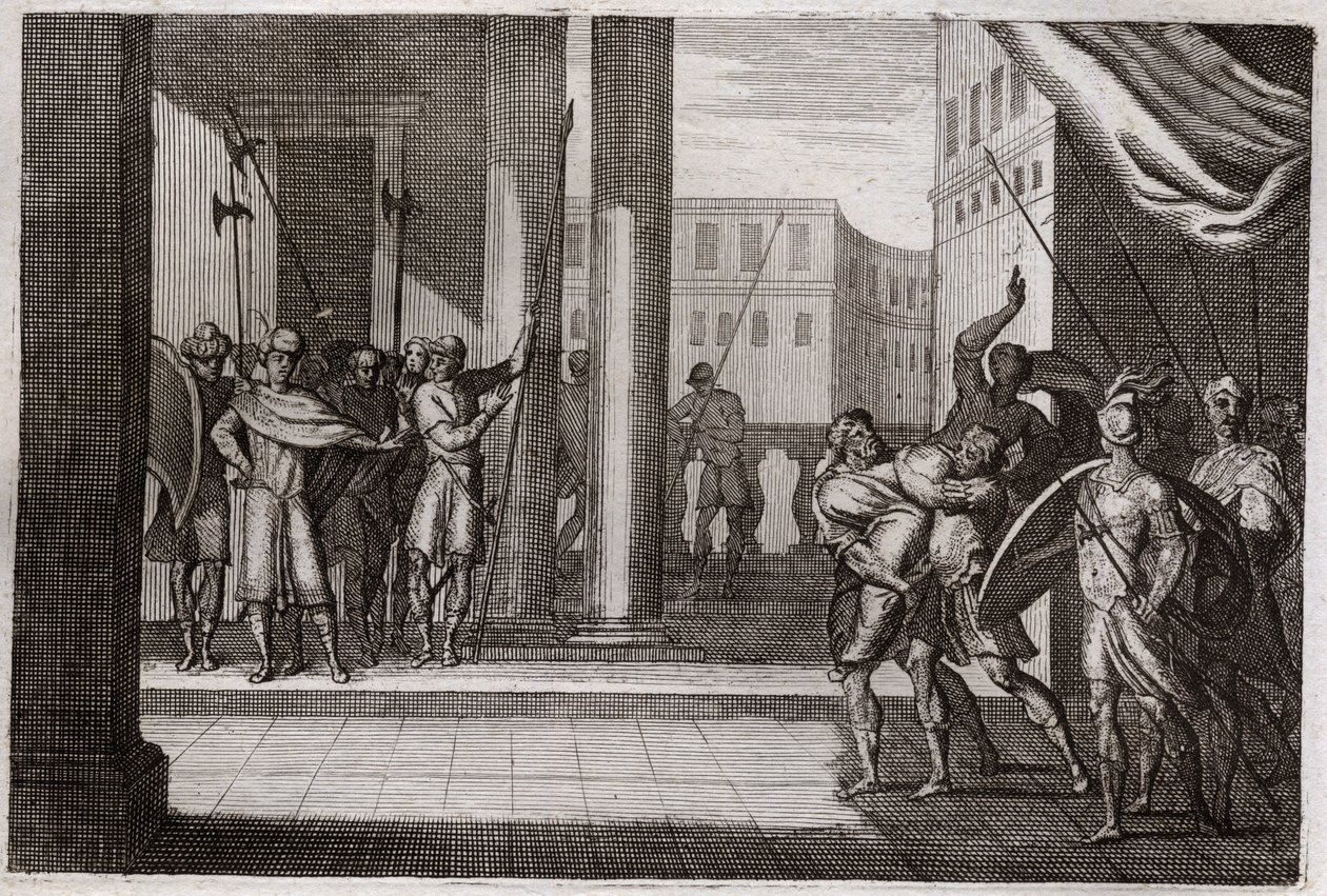 Bibeln från Royaumont, Gamla testamentet: Dina gick av nyfikenhet för att se kvinnorna i Sikem (eller Sikem), och kungen i den staden hade gjort honom till våld, hans bröder tog hämnd och dödade hela Sikems folk med kungen. Illustration från 1811. av Unknown artist