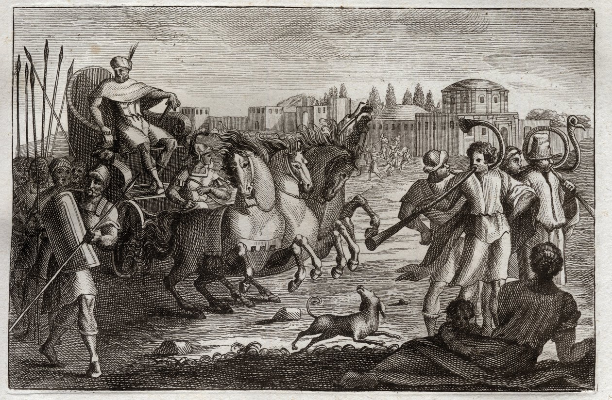 Bible of Royaumont, Gamla testamentet: Upphöjelse av Josef. Josef är uppvuxen i härlighet. Illustration från 1811. av Unknown artist