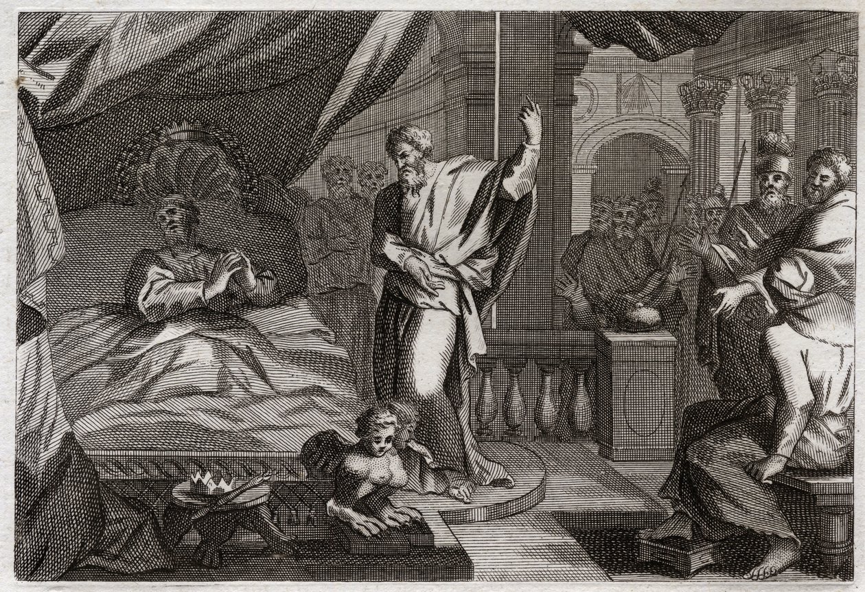 Bibeln från Royaumont, Gamla testamentet: Hesekias får hälsa. Kung Hesekias var sjuk vid döden, fick hälsa och ytterligare femton levnadsår. Profeten Jesaja (Jesaja) tillkännager sitt krig: tecknet kommer att vara att trycka tillbaka klockans skugga med ti av Unknown artist