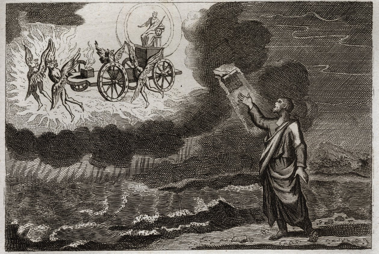 Bibeln från Royaumont, Gamla testamentet: Ezekiel profet. Saint Prophete hade en vision där Herren visade sig för honom på en vagn, buren av fyra kerubiner (tetramorf). Illustration från 1811. av Unknown artist