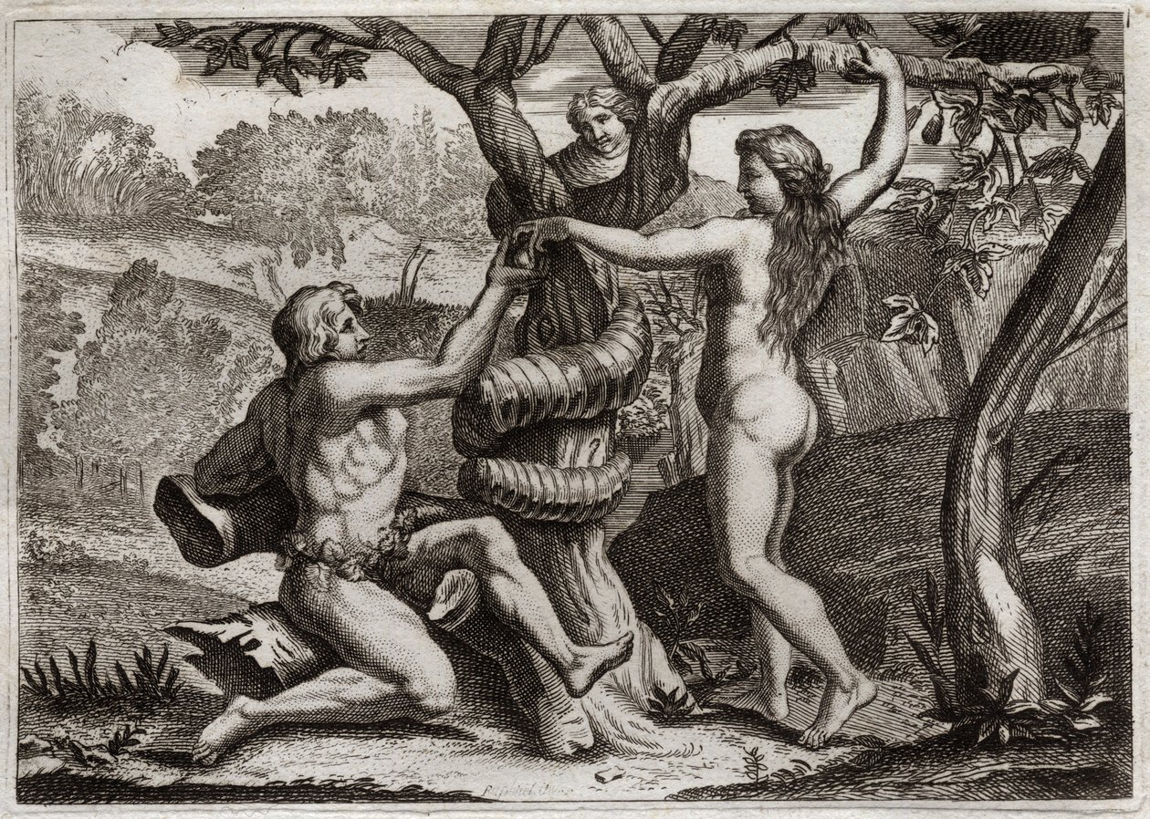 Bibeln från Royaumont, Gamla testamentet: Adams fall. Demonen under ansiktet på en orm talar till Eva, och tältet för att äta förbjuden frukt: Eva faller och får också Adam att falla. Illustration från 1811. av Unknown artist