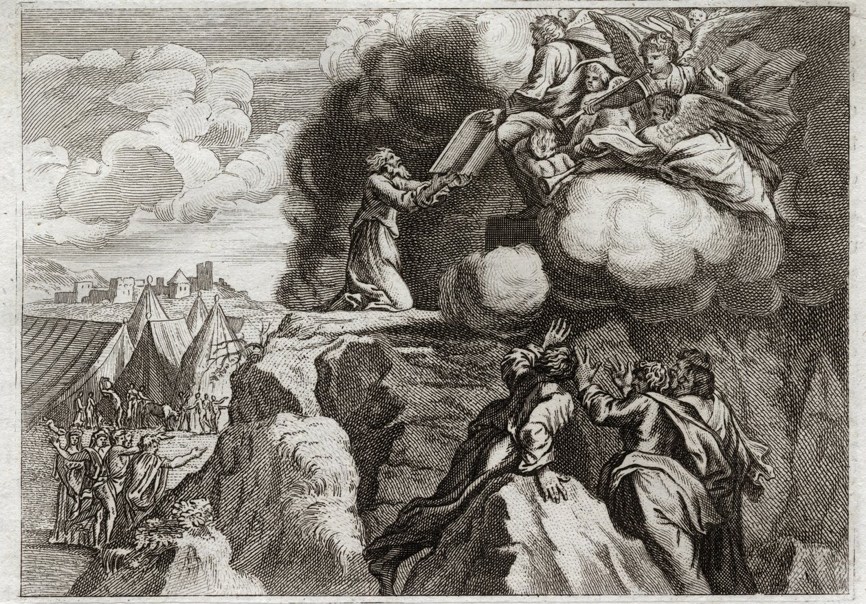 Bibeln från Royaumont, Gamla testamentet: Lagens första tabeller. Gud ger lagen till sitt folk på berget Sinai. Moses tar emot de 10 budorden från Guds händer. Illustration från 1811. av Unknown artist